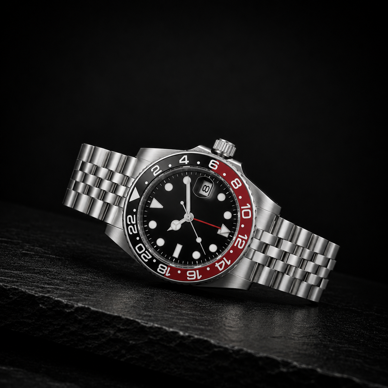 Stainless Steel GMT Watch – Black Dial & Red/Black Ceramic Bezel