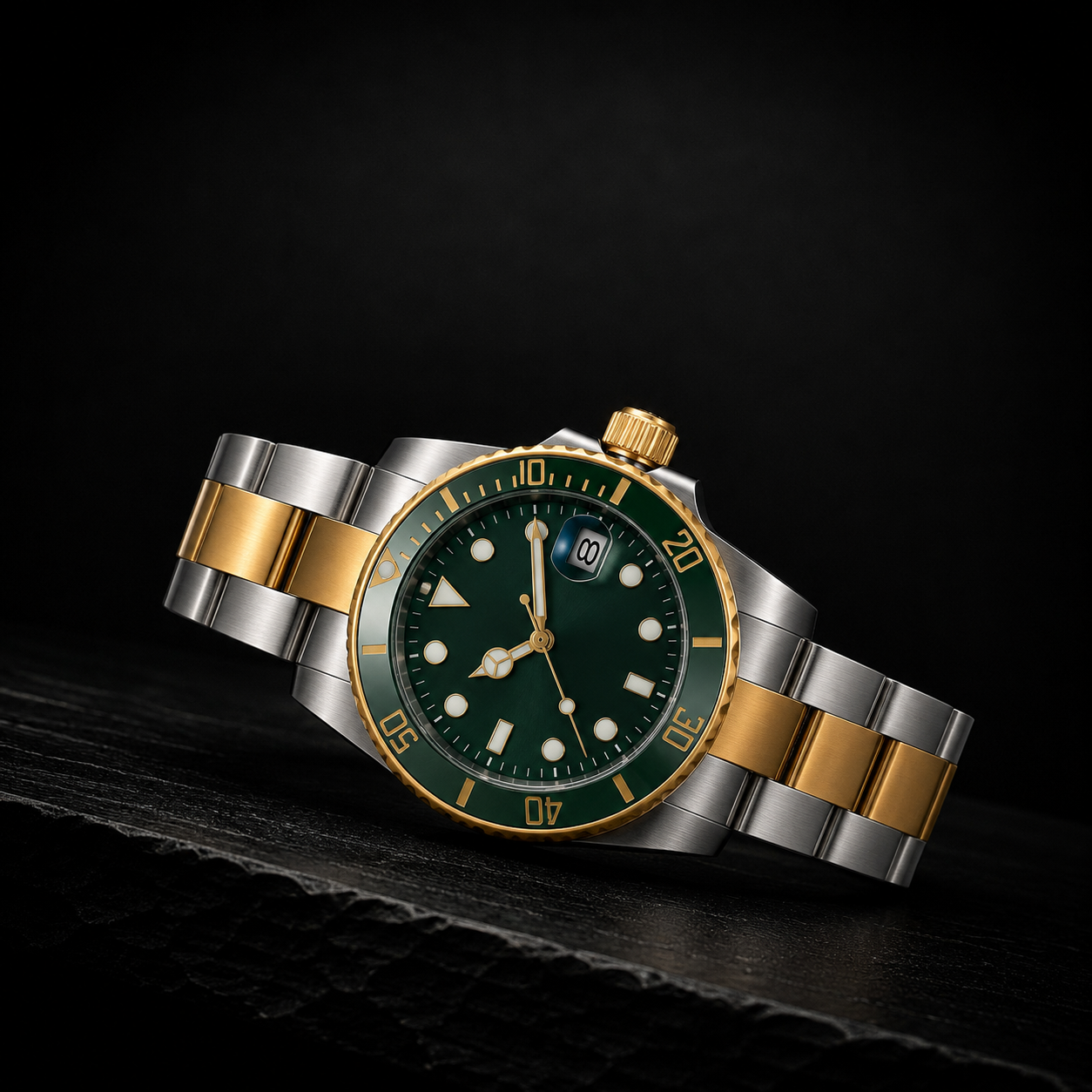 Two-Tone Green Luxury Diver Watch – Gold & Stainless Steel